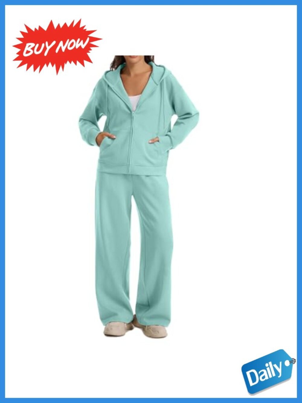 Cotton Blend Zip Up Hoodie Wide Leg Pants Sweatsuit Set